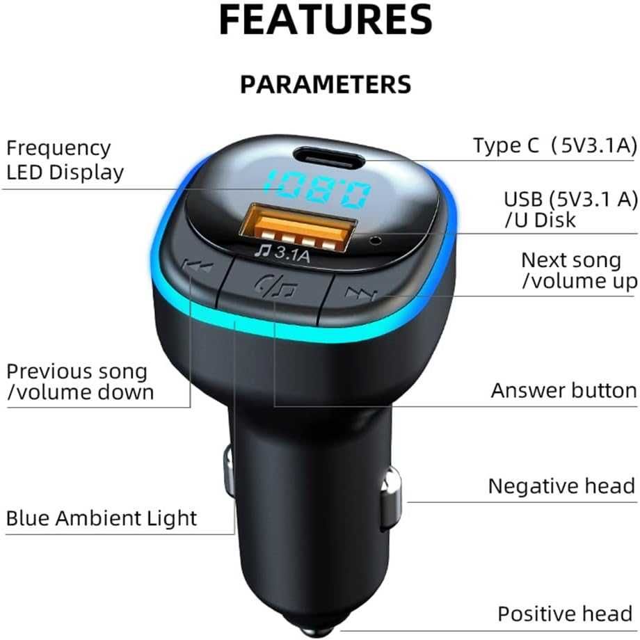 Автомобилен Bluetooth FM трансмитер C33 с LED цветна светлина