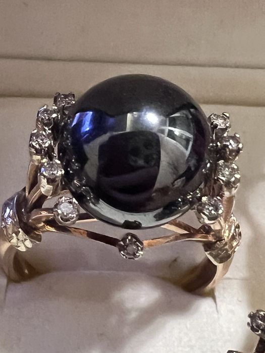 Золото 585* Гематит и бриллианты.Комплект "Чёрный жемчуг"