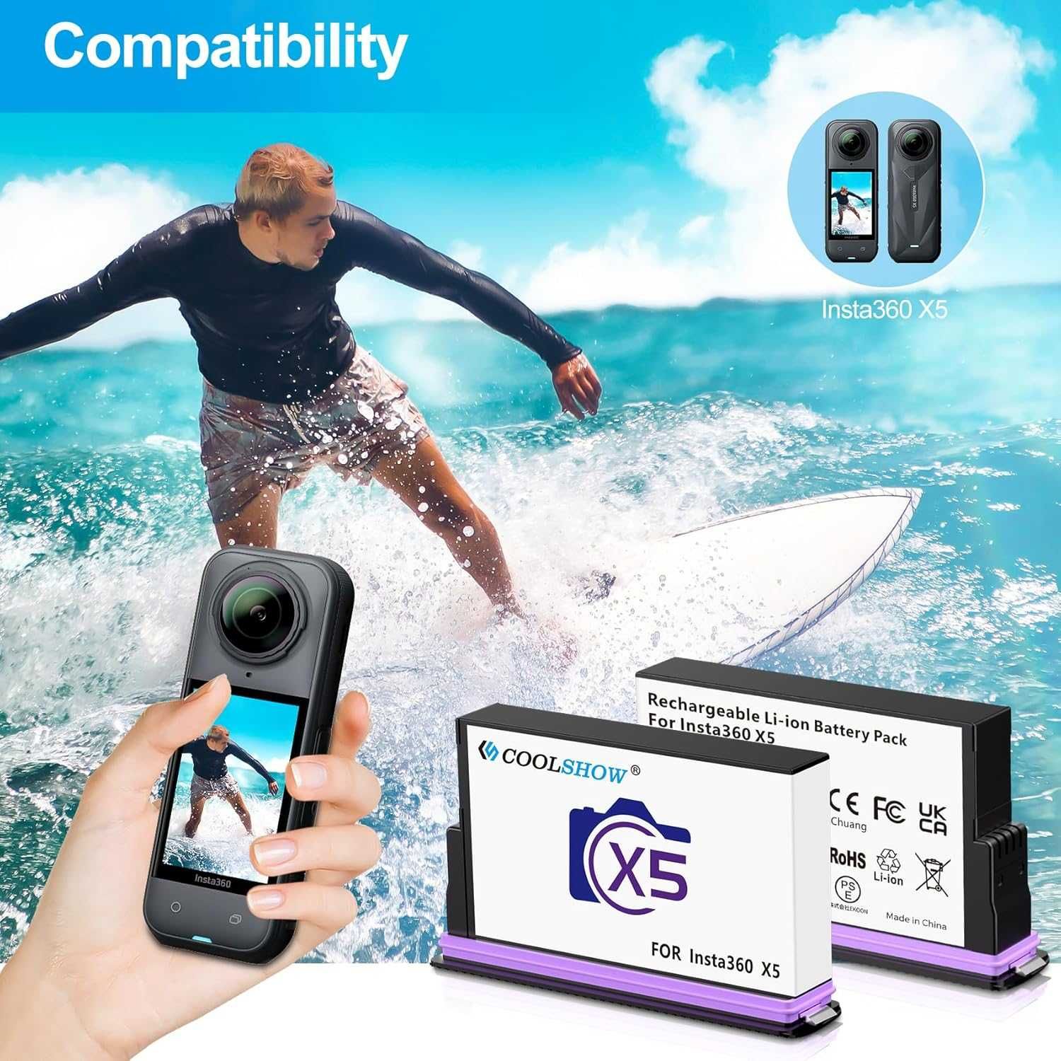 COOLSHOW 360 X5 батерии 2800mAh 2 броя със защитен калъф бързо зарядно