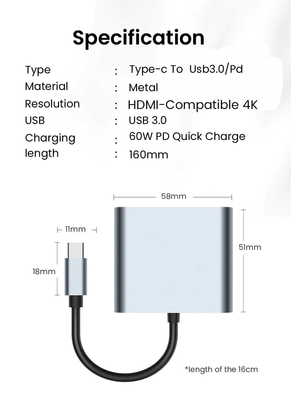 Adaptor convertor USB-C la HDMI + HDMI + USB 3.0 + PD laptop, telefon