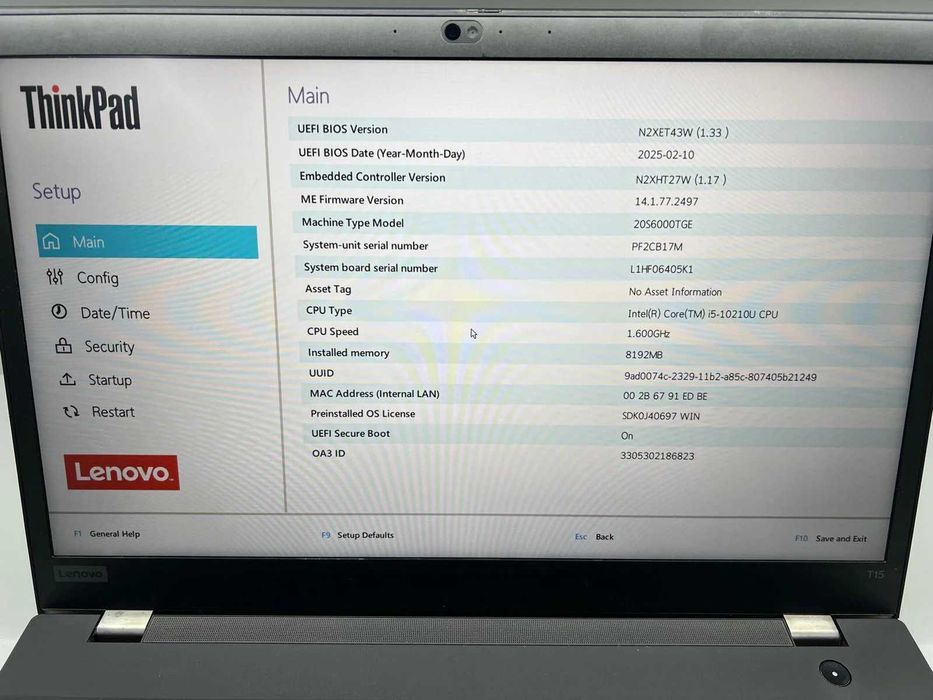 Laptop Lenovo Thinkpad T15 Gen1 i5-10210U SSD 256Gb ram 8Gb inc