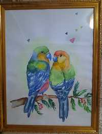 Акварельная картина попугайчики