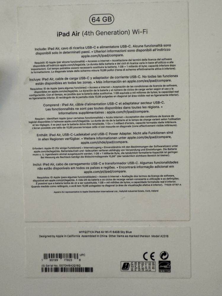 iPad Air 4th Generation 64GB , Sky Blue