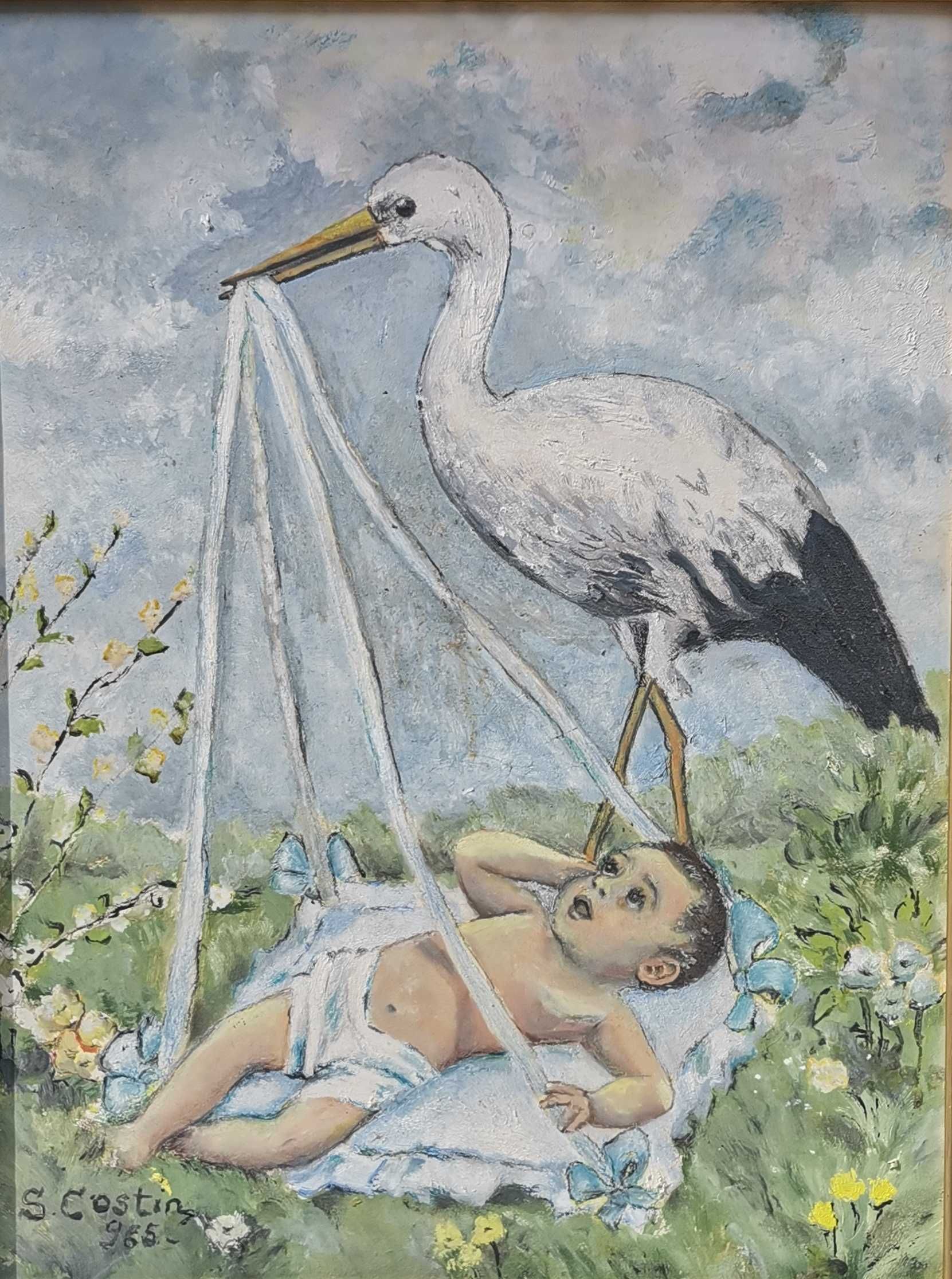 Tablou pictor roman 1965 Barza cu bebeluș pictura ulei inramat 42x54cm