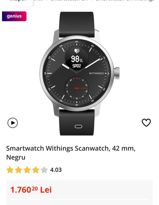 Vand ceas smartwach withings scanwatch de 42mm