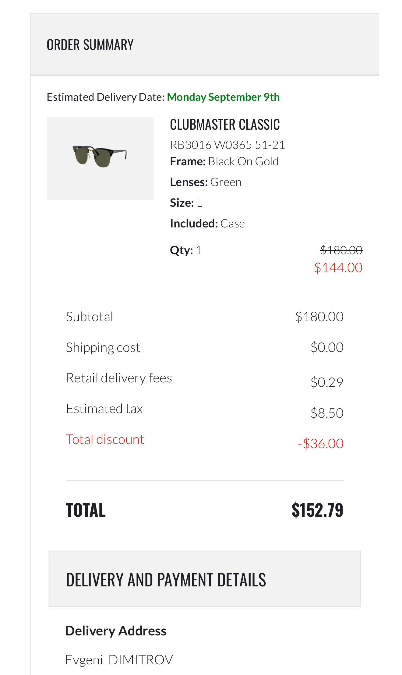 Унисекс очила Ray-Ban ClubMaster Balck/Gold със зелени стъкла (НОВИ)