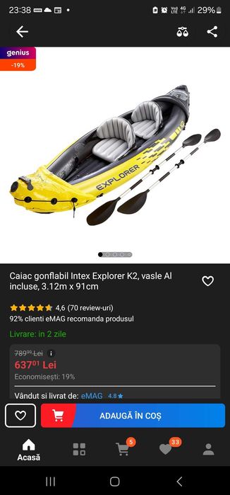 Caiac gonflabil Intex Explorer K2, vasle Al incluse, 3.12m x 91cm