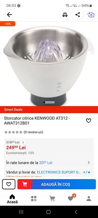 Accesoriu storcator de citrice Kenwood, AT312
Vas cu turnare usoara