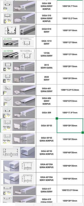 LED chiroq uchun alyuminiy profil | Профиль для LED ленты