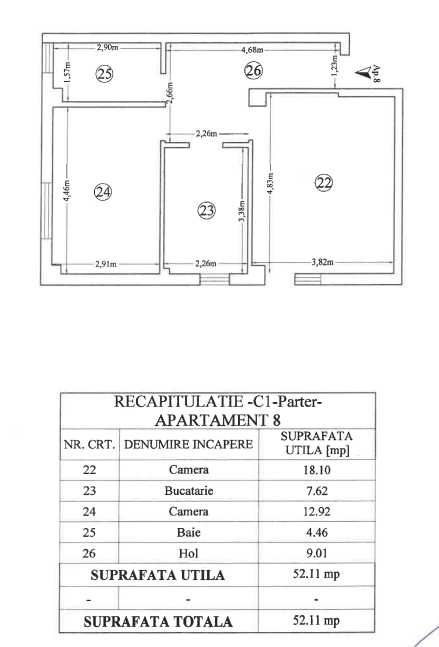 Apartament 2 camere decomandat 52.11 mp Valea Adanca