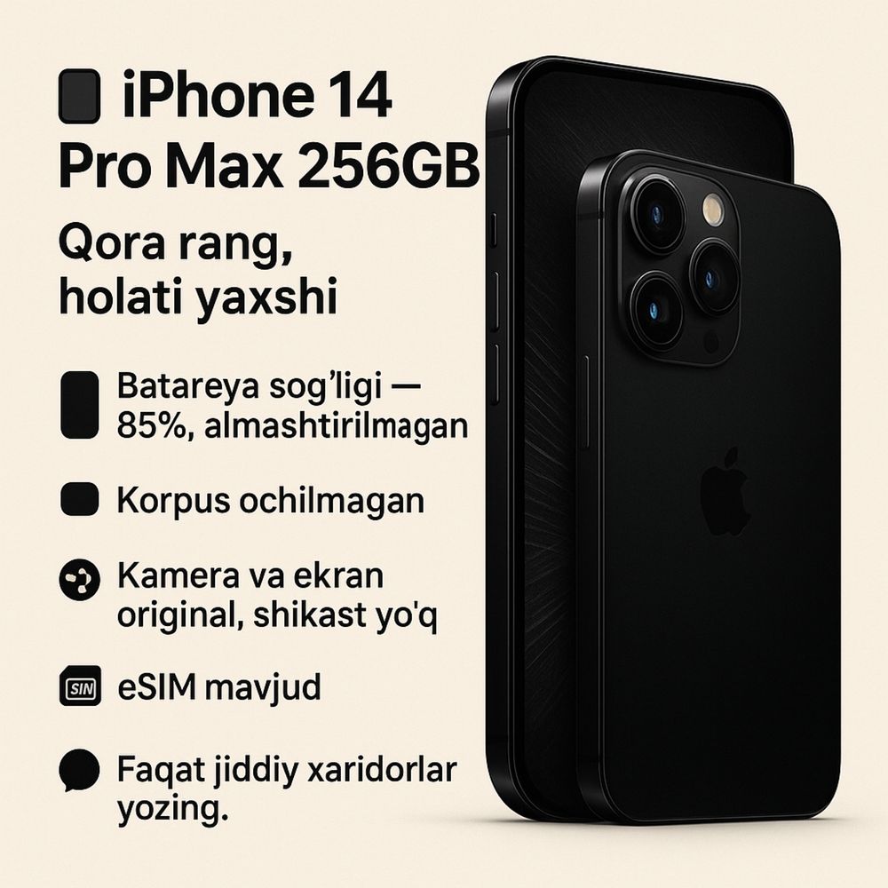 iPhone 14 Pro Max 256GB Qora, holati ideal! eSIM