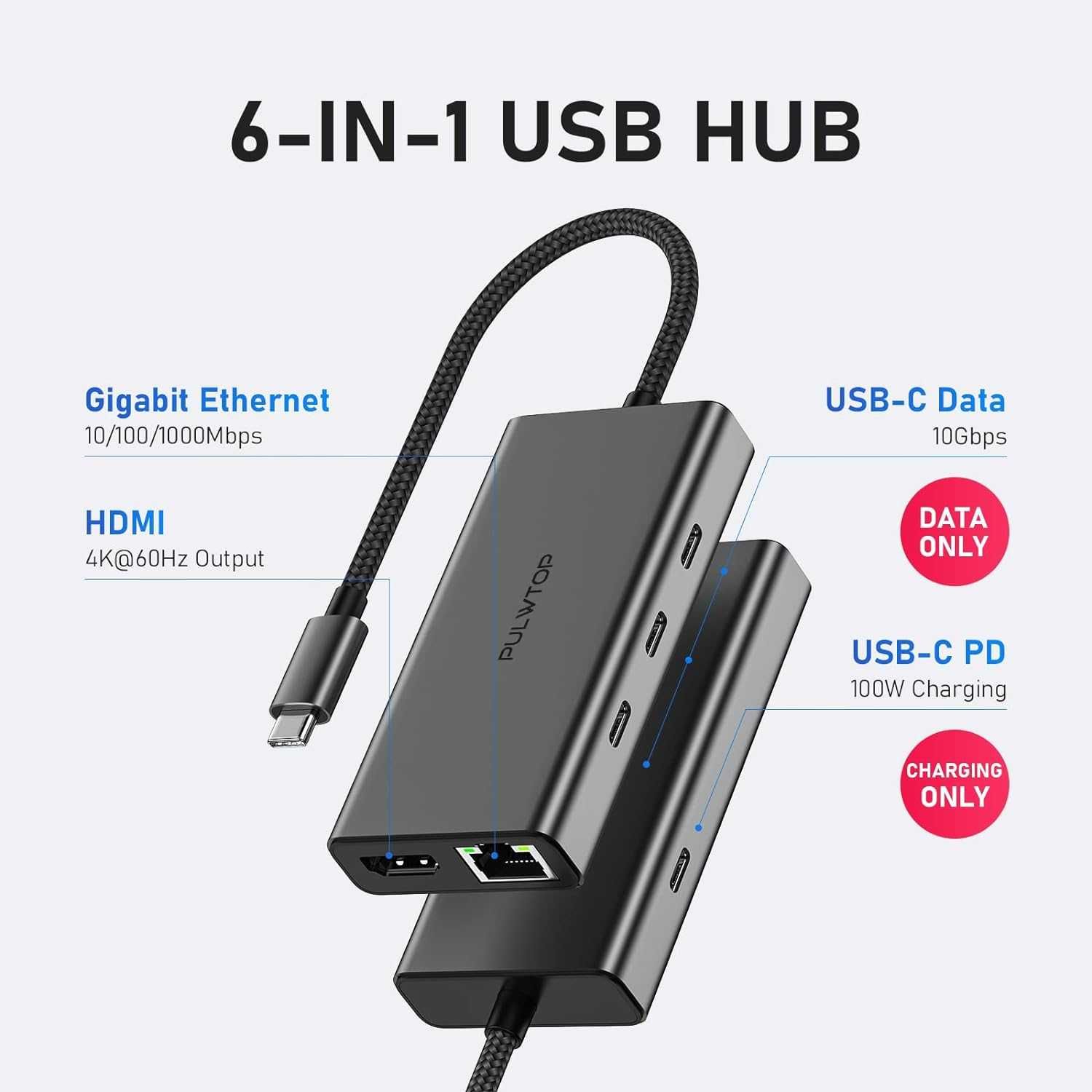 USB C хъб 10Gbps, 6-в-1 USB-C донгъл многопортов адаптерс