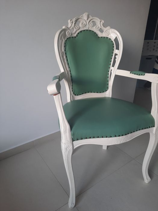 Scaun LUXURY cu brate Baroc Cadru alb, Tapiterie Turcoaz