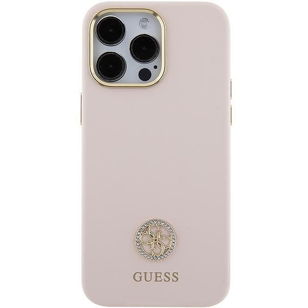 Оригинален кейс guess strass metal logo за iphone 15 pro - светло розо