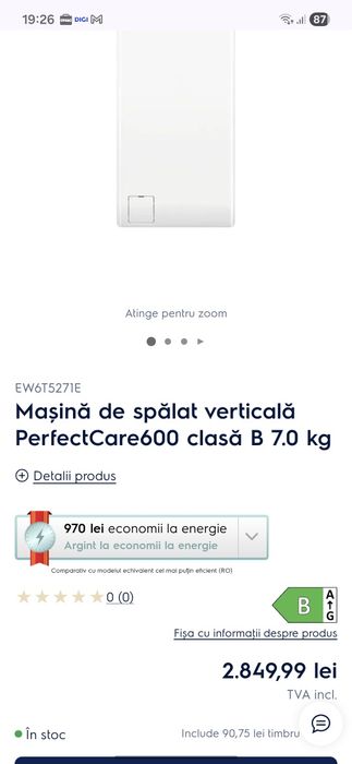 Mașină de spălat verticală PerfectCare600 clasă B 7.0 kg Inverter