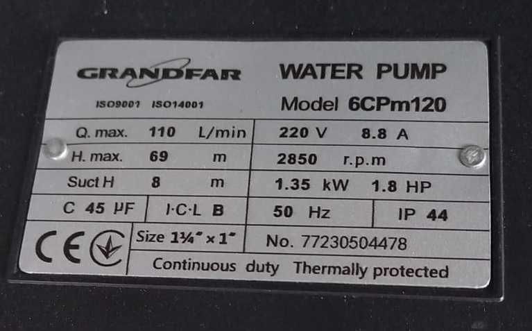 Насос для систем полива Grandfar 6CPm120, 69м, 6,6м3/ч