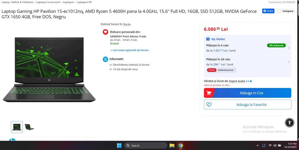 Laptop Gaming HP Pavilion 8GB ram+ 512 SSD+ Nvidia GTX 1650