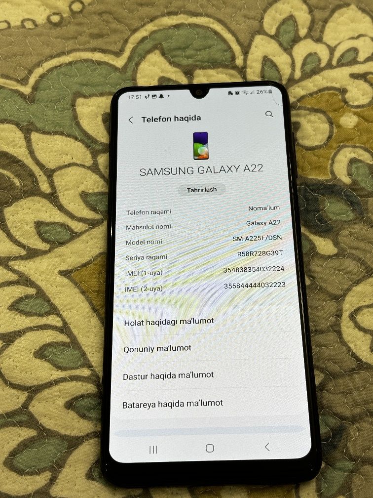 Samsung a22 ayol kishi ishlatgan nar#i 950.000