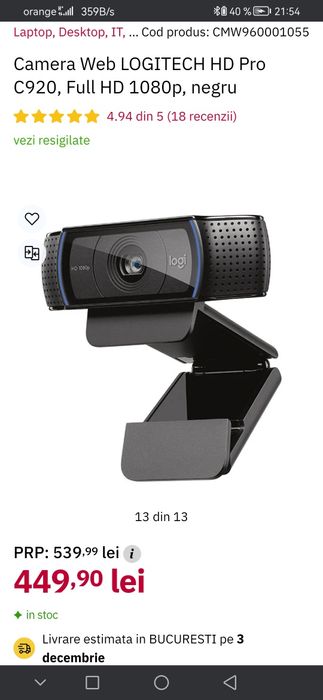 Cameră web Logitech HD Pro 920