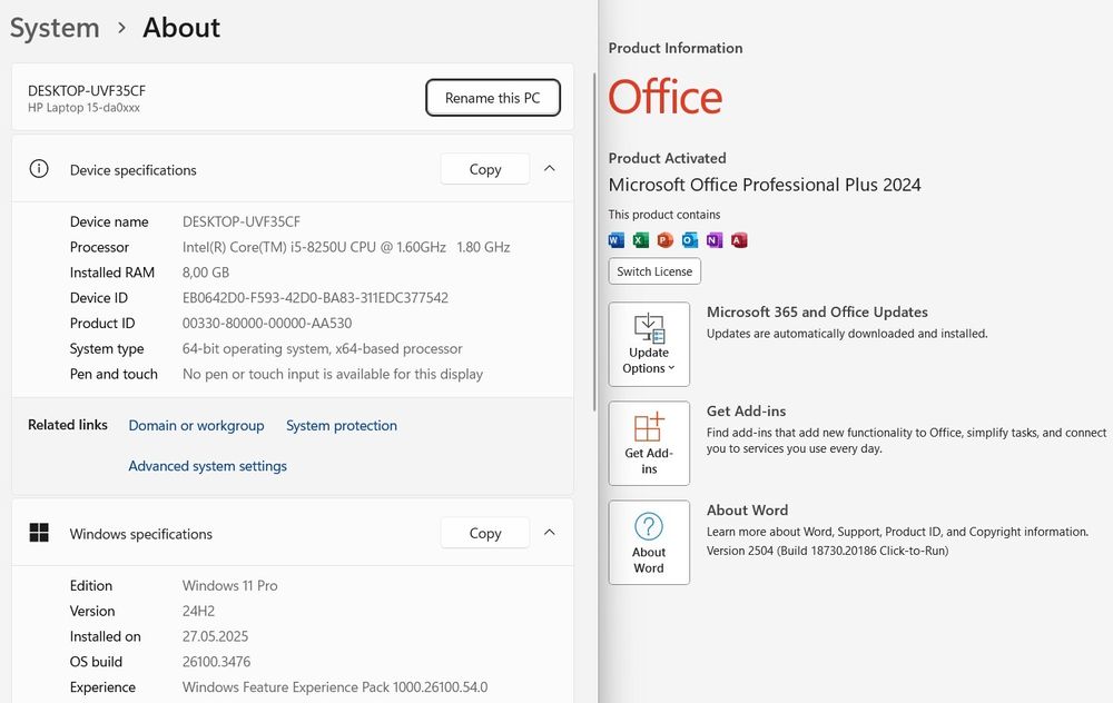 Laptop HP i5 8250u up to 3,4Ghz, 8GB, 128GB, UHD 620, W11 Office 2024