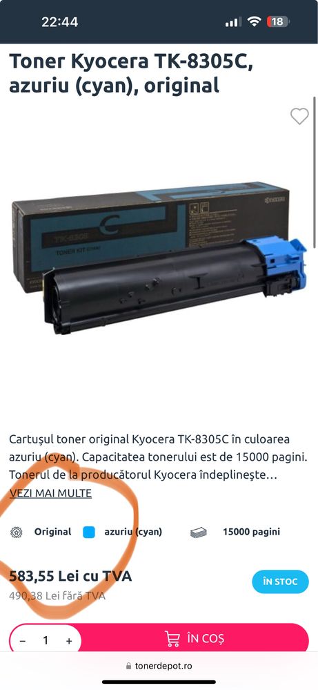 Cartus Toner Kyocera TK-8305C, azuriu (cyan)