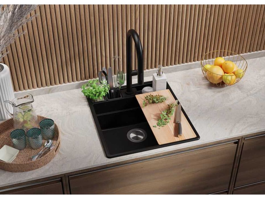 Черна кухненска гранитна мивка Ню Йорк 50 Multispace 480 x 530 мм