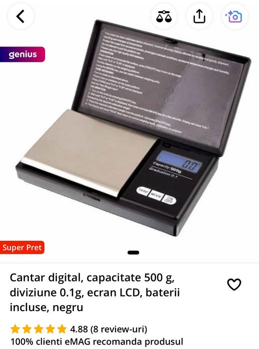 Cantar digital,  500 g, diviziune 0.1g, ecran LCD