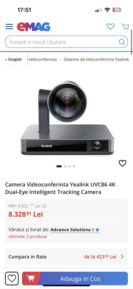 Fane Amanet: Camera Videoconferinta Yealink UVC86 4K Dual-Eye