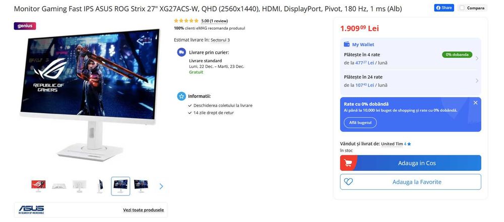 Monitor Gaming LED ASUS ROG Strix XG27ACS-W, 27", WQHD, 180Hz