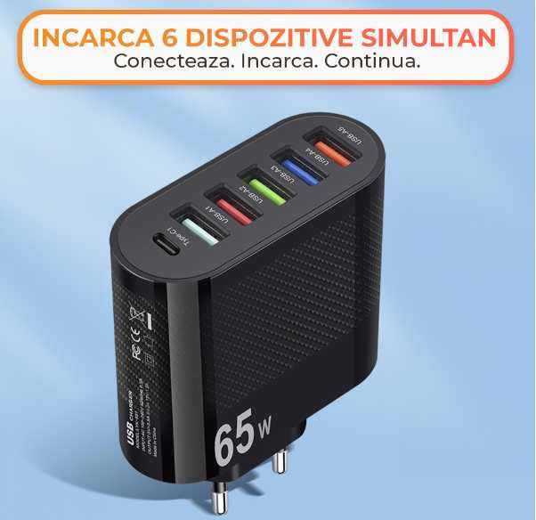 Incarcator Retea 6 Porturi LED , 65W Fast Charge, 1 x Type-C, 5 x USB