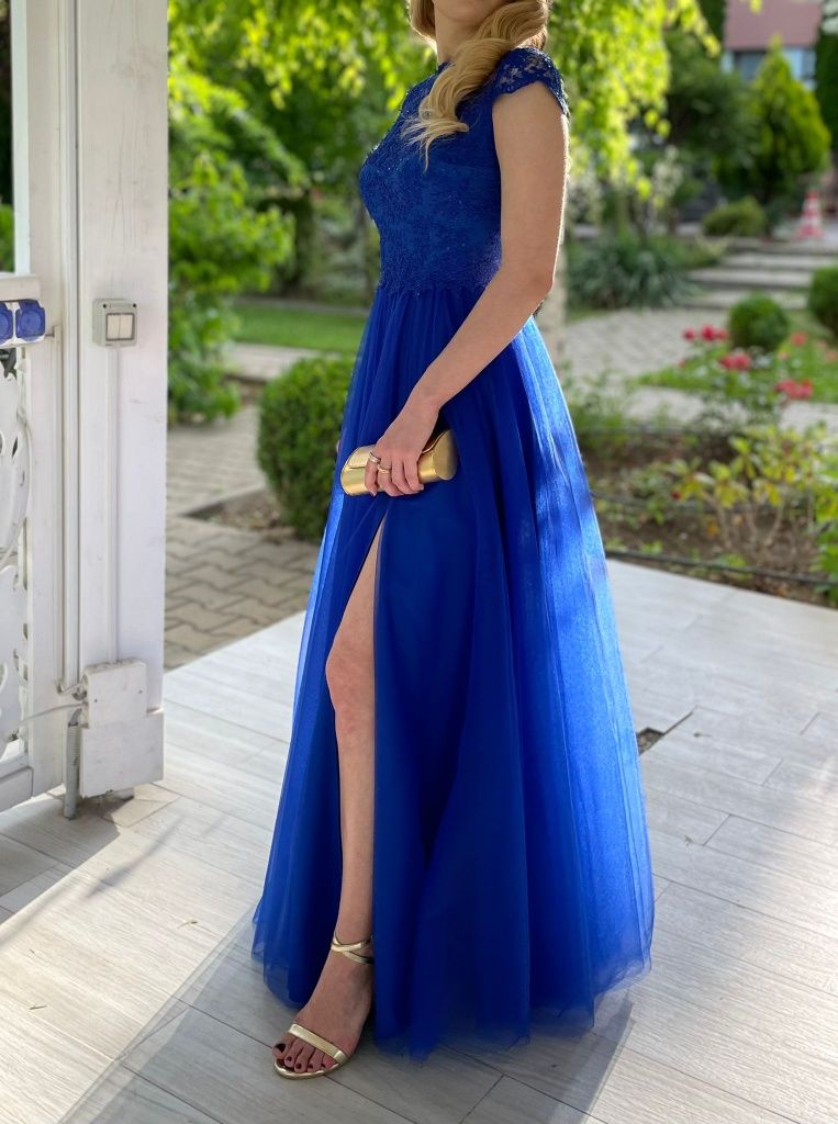 Rochie de ocazie albastră, lungă cu șliț IMURA Couture