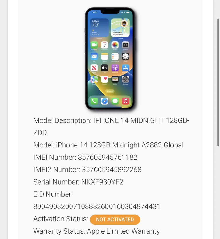 НЕАКТИВИРАН!/ ЛИЗИНГ / IPhone 14 / 128Gb / Midnight/ Айфон / Черен