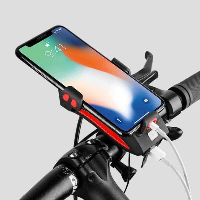 Far bicicleta usb  lumina LED, Suport telefon, powerbank, claxon