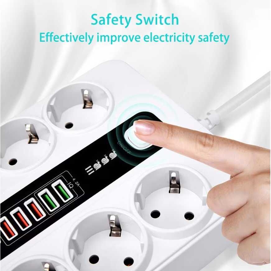Разклонител, 6 контакт, 5 бр. USB, 1 бр. C конектор, 220V, 3000W, 10A