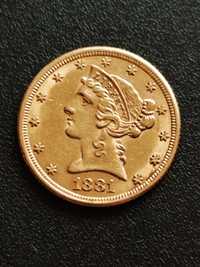 5 долара 1881 год.,САЩ, злато 8.36 гр., проба 900/1000 (21.6 карата)