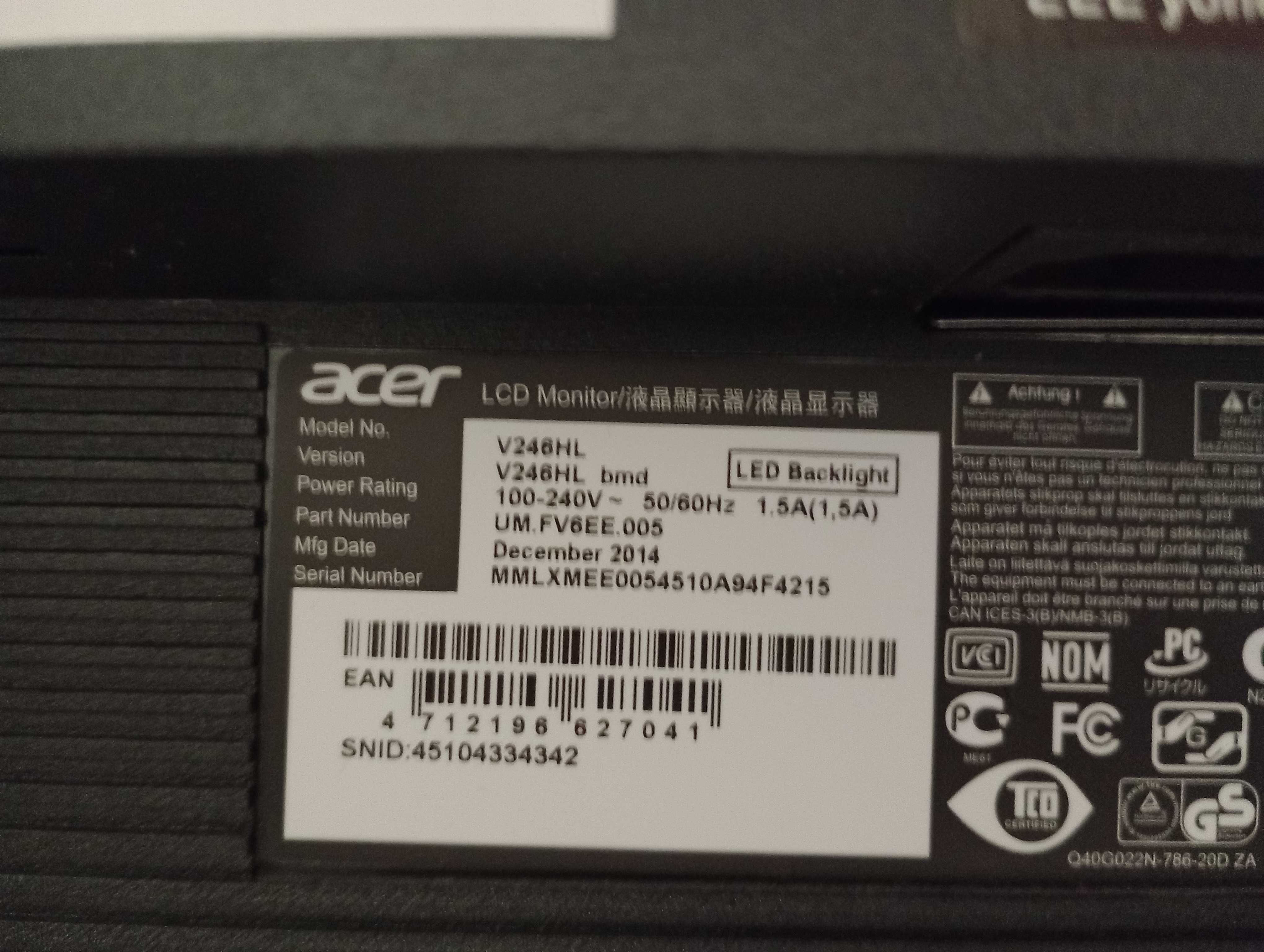 Monitor Acer 24 inch FulHD Model V246HL DVI / VGA La tipla 149 lei