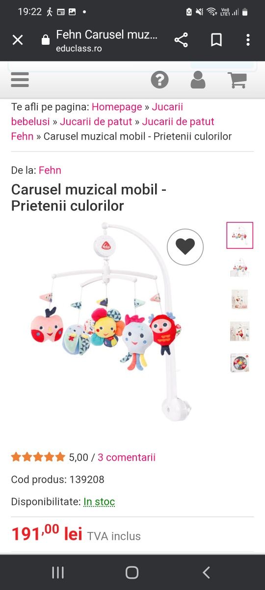 Carusel muzical mobil Fehn Prietenii culorilor