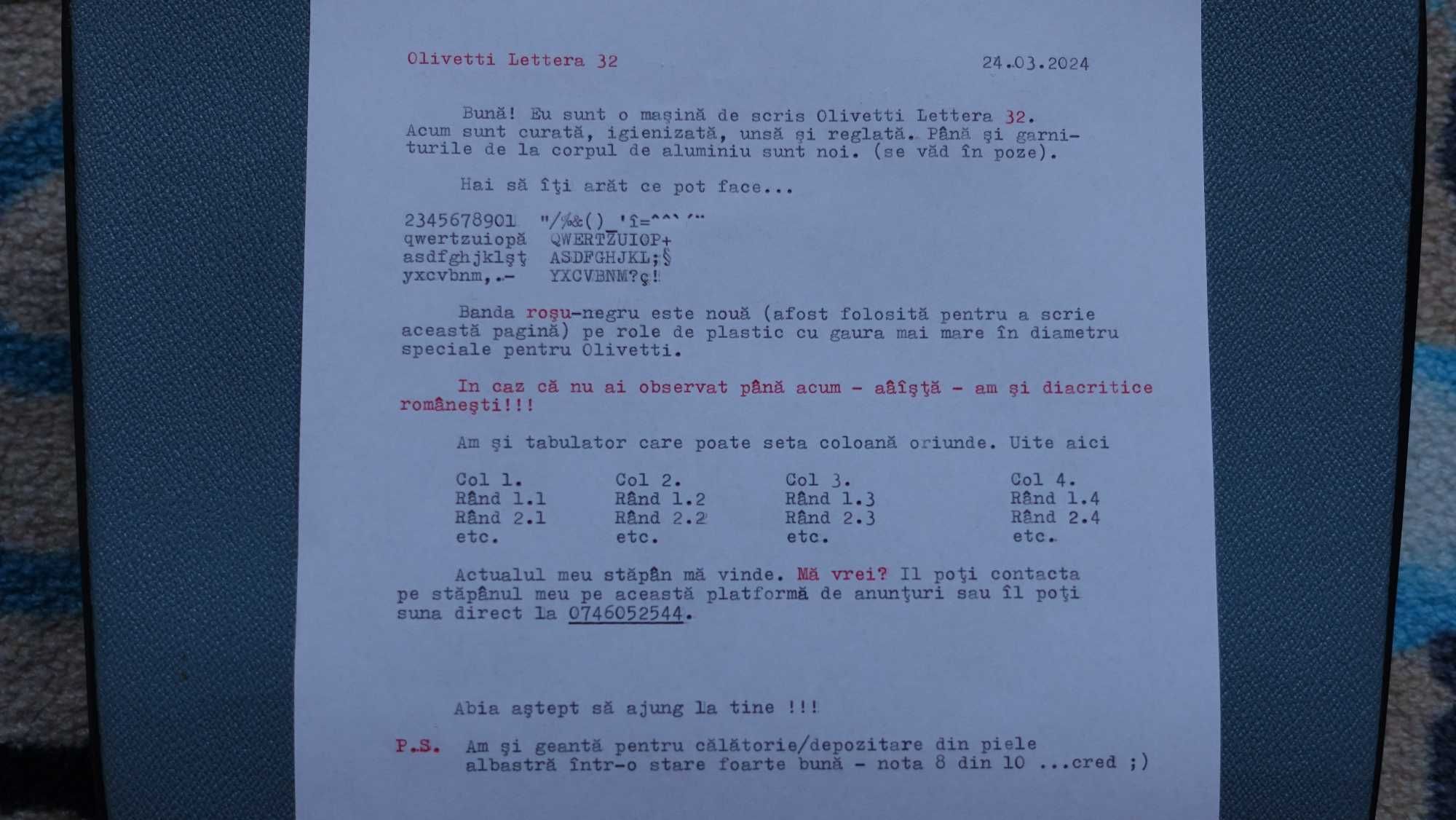 Masina de scris Olivetti Lettera 32 - Perfecta cu diacritice romanesti