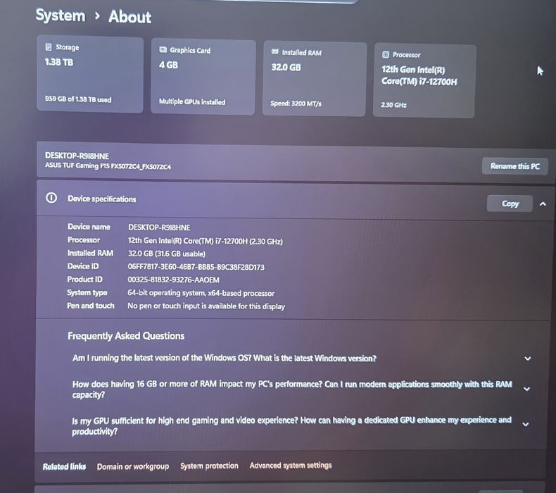 Laptop Gaming ASUS TUF F15 (i7-12700H, RTX 3050, 32GB RAM, 1.5TB SSD