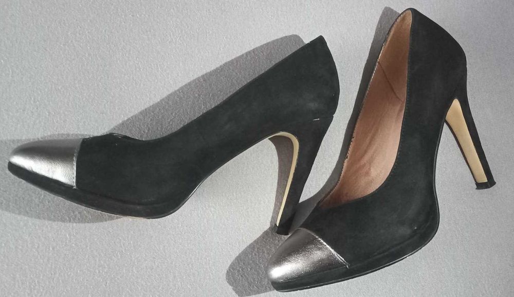 Pantofi 5th Avenue negru/argintiu cu toc din piele intoarsa marimea 36