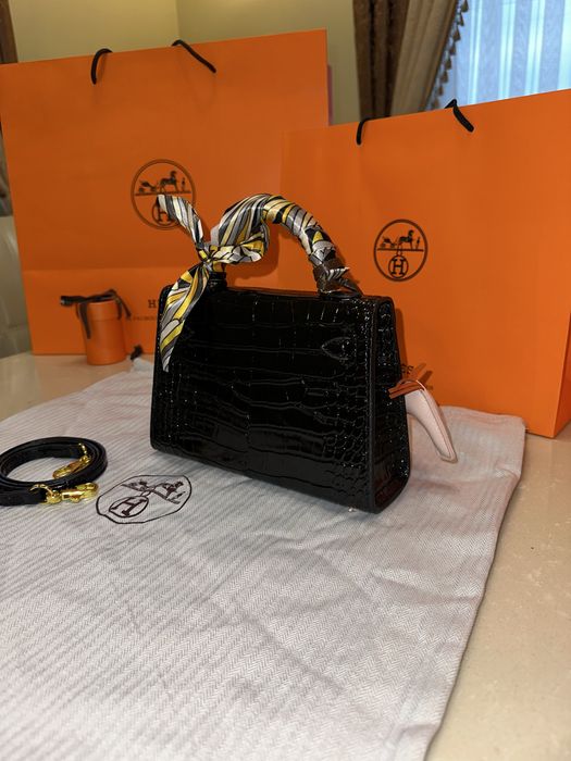 Geanta Hermes Kelly 19cm black piele croco