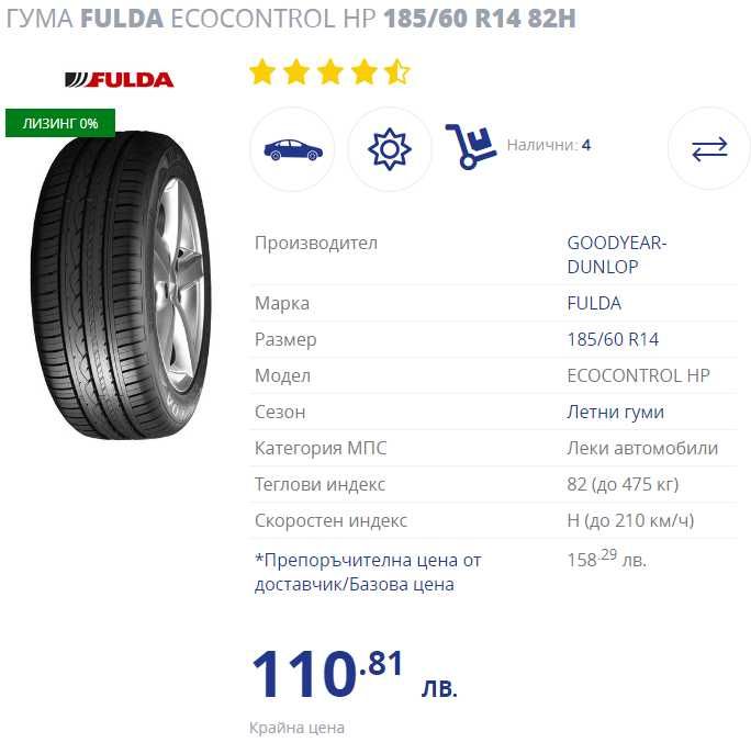 Летни гуми FULDA ECOCONTROL HP 185/60 R14 82H