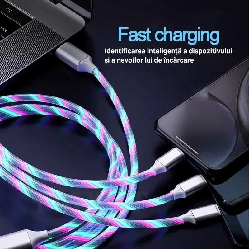 Cablu luminos 3in1. Fast charge/transfer date. UsbC/IOS/Micro. Cupru.