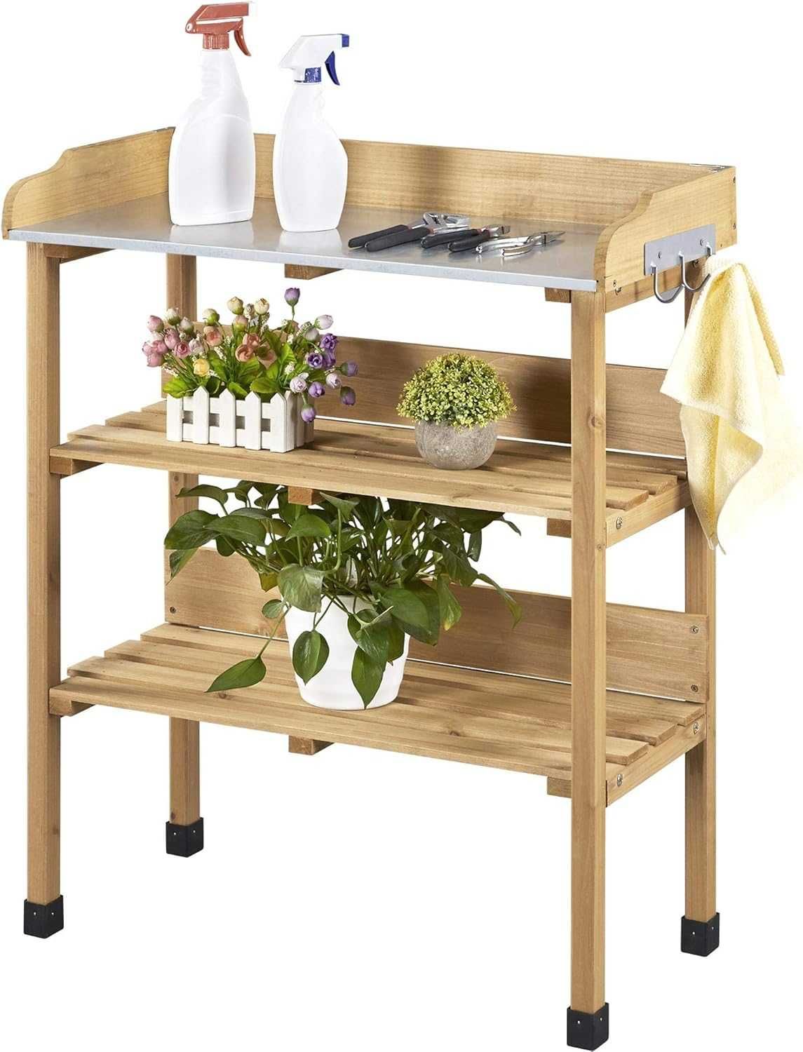 Masa gradinarit lemn brad 77x37x90 cm cu rafturi |YT 592913 Wood