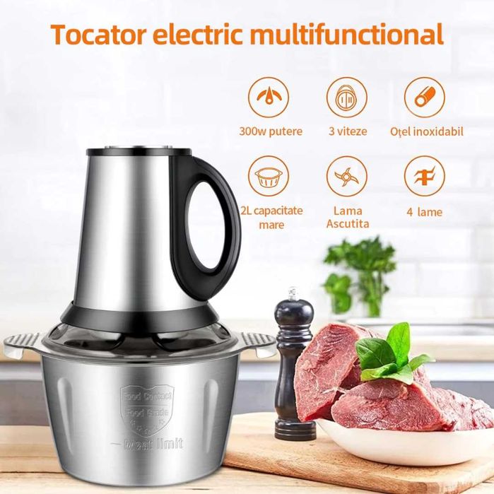 Tocator electric carne si legume, 4 lame inox, 2 viteze, inox