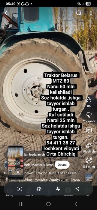 MTZ traktor sotiladi