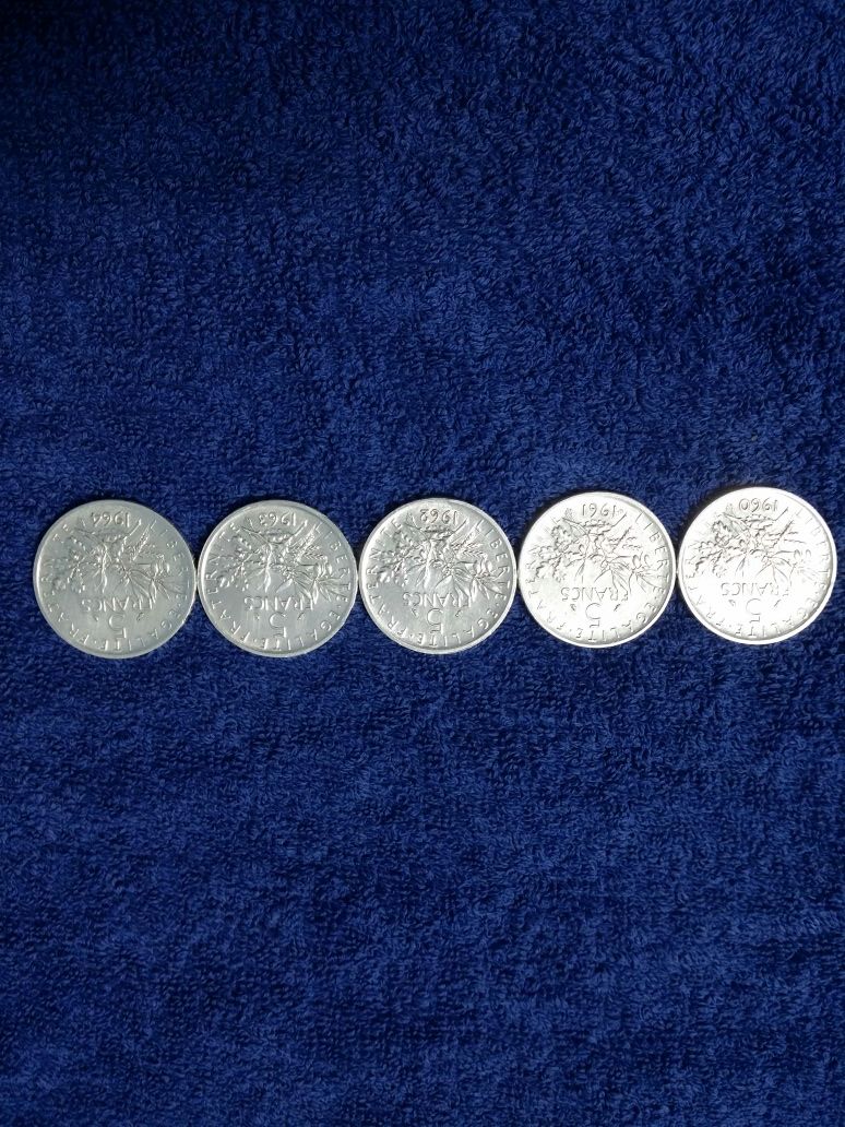 Lot 5 monede argint 5 francs anii 1960-1964 necirculate tip liberty