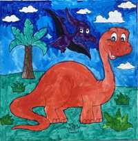 Pictura cu dinozaur pe pânza- făcută de copil