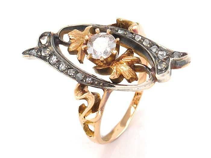 Inel ANTIK cu diamante - argint și aur roz 18K