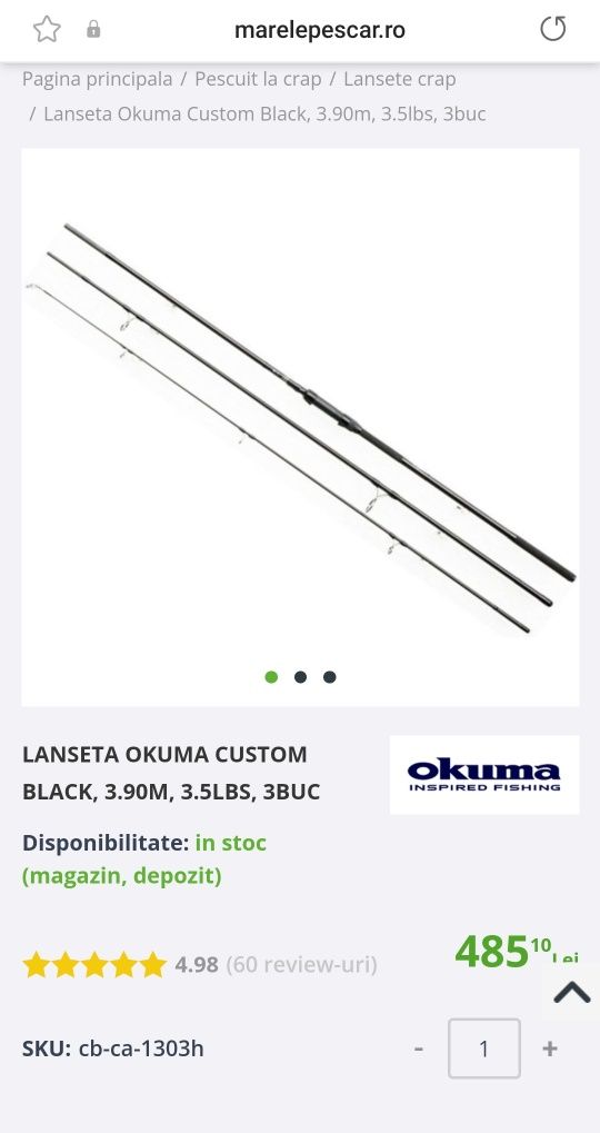 Vand 2 Lansete Okuma Custom Black, 3.90m, 3.5lbs, 3buc